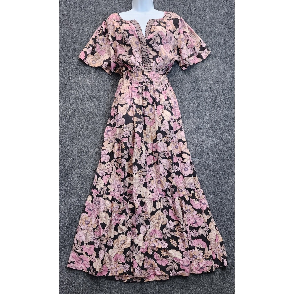 Natural Life Womens Floral Boho Cottagecore Viscose Smocked Tiered Maxi Dress XL